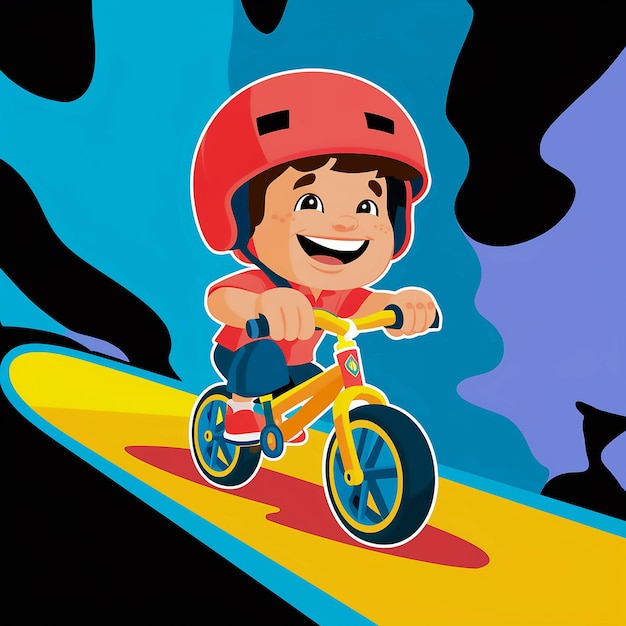 a cartoon picture of a boy riding a bike with a helmet on