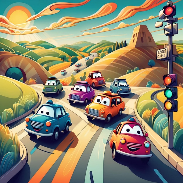 a cartoon picture of cars with a sign that says smiley face