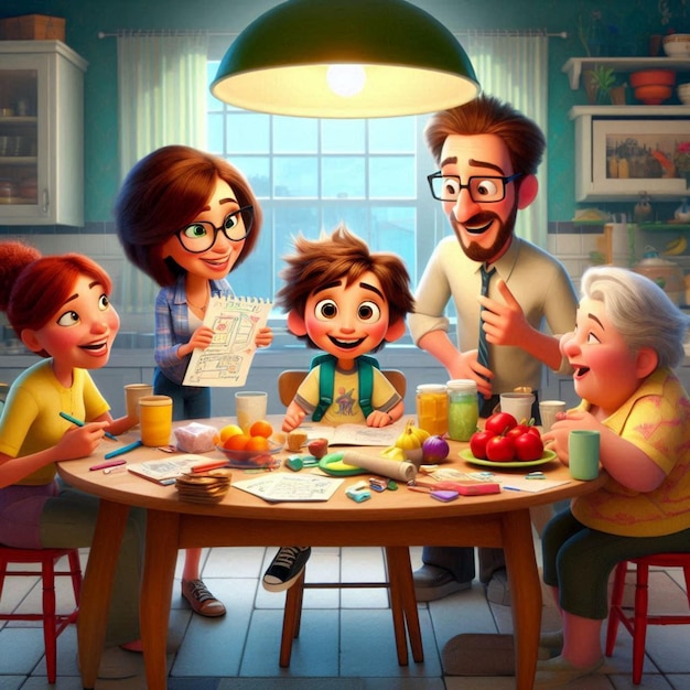 a cartoon picture of a family at a table with a book titled the little girl