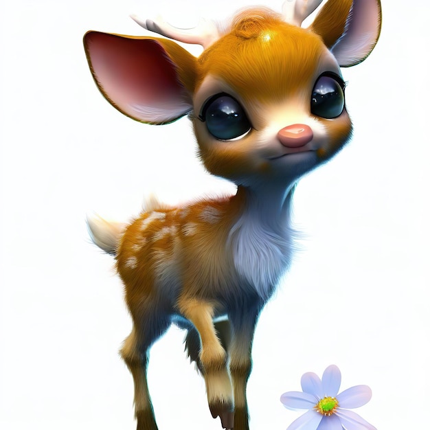 A cartoon picture of a fawn with a flower on the bottom.