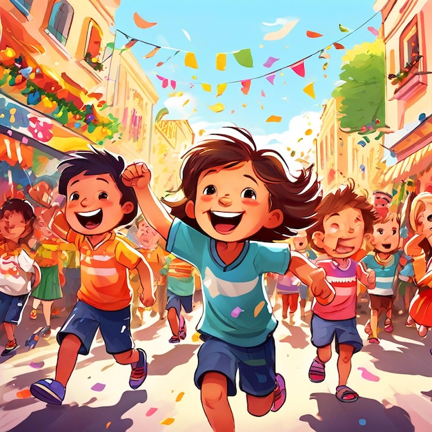 a cartoon picture of a girl running in the street with other children