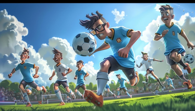 Photo a cartoon picture of a soccer player with glasses and a blue shirt with the number 3 on it