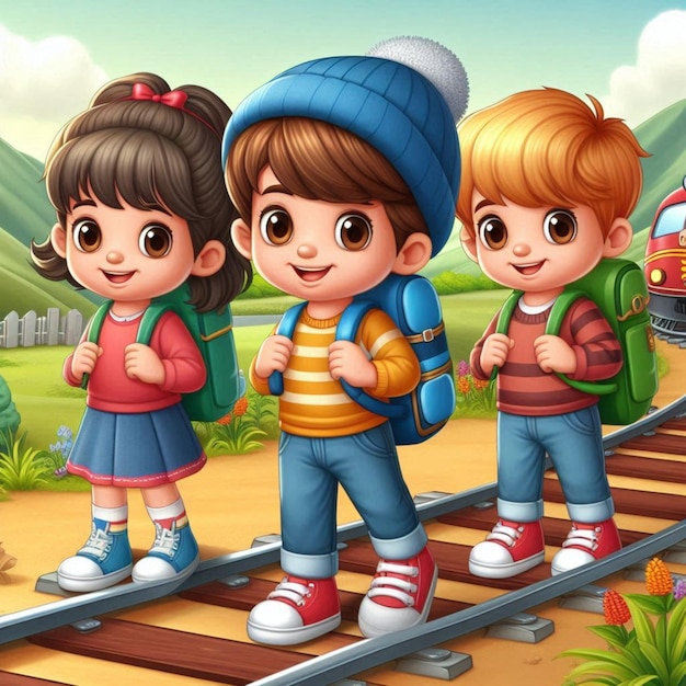 a cartoon picture of three children with a book called school kids