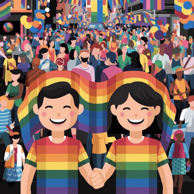 A cartoon picture of two children holding hands with a rainbow sign in the background