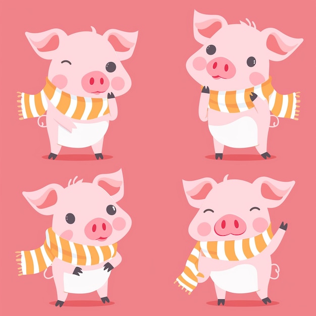 cartoon pig character set with scarf and scarf on pink background generative ai