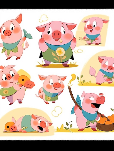 Cartoon pig character set with various poses and expressions generative ai