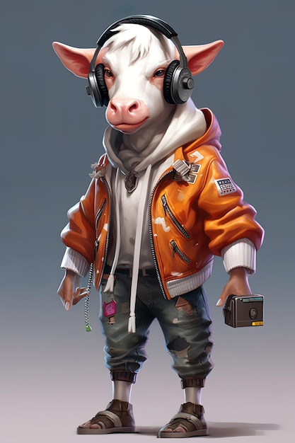 Photo a cartoon of a pig wearing a jacket with headphones and a camera