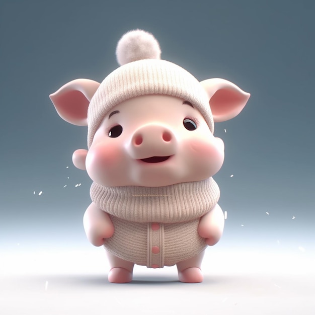 Cartoon pig wearing a sweater and hat standing in front of a blue background generative ai