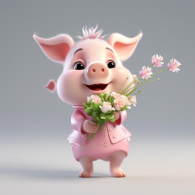 Cartoon pig with flowers in pink dress standing on gray background generative ai