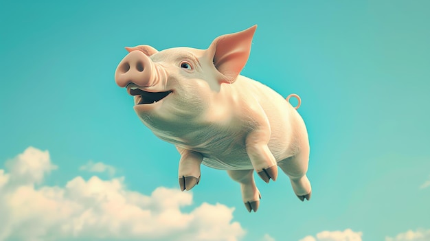 A cartoon pig with a happy expression is flying in the air with a blue sky and white clouds behind it