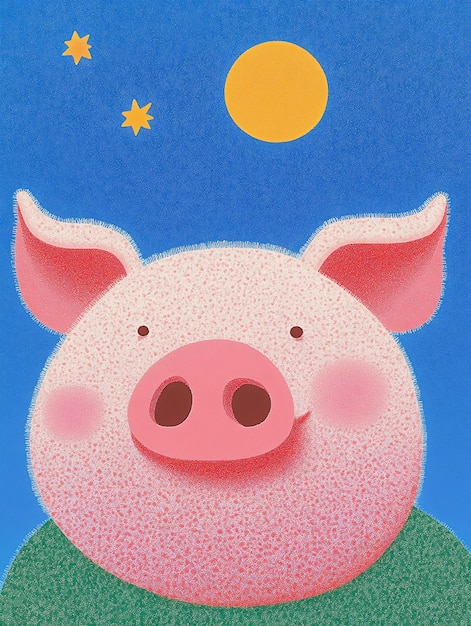 A cartoon pig with night stars and full moon background Cute animal illustration