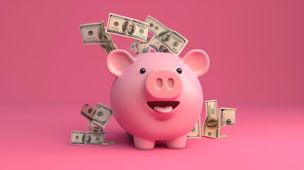 Photo a cartoon piggy bank with a happy expression is surrounded by dollar bills on a pink background