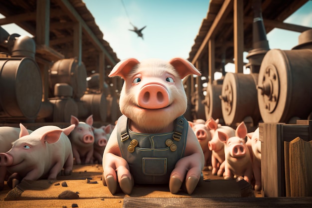 Cartoon pigs on a pig farm The game of raising domestic animals