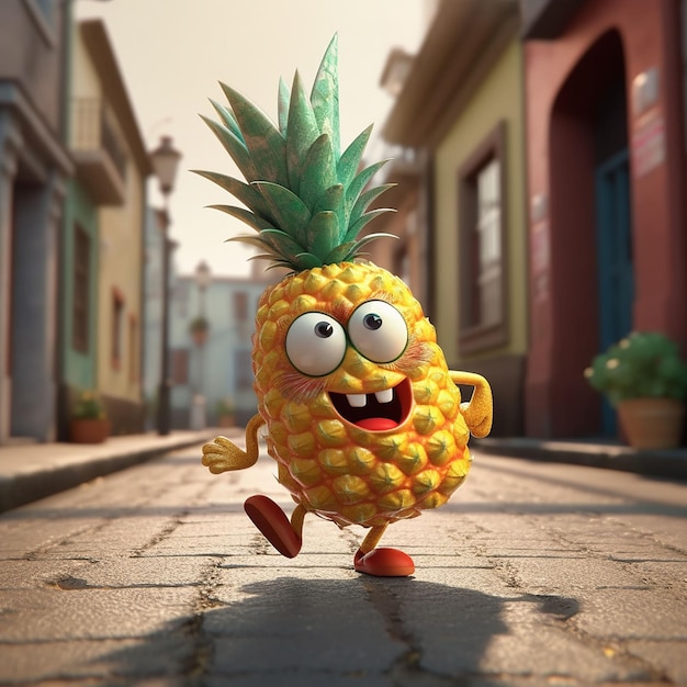 A cartoon pineapple that is on a street