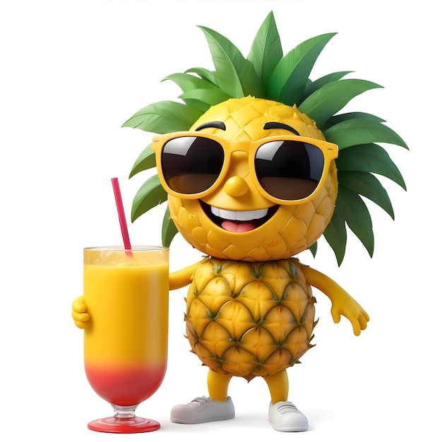 cartoon pineapple wearing sunglasses with glass juice