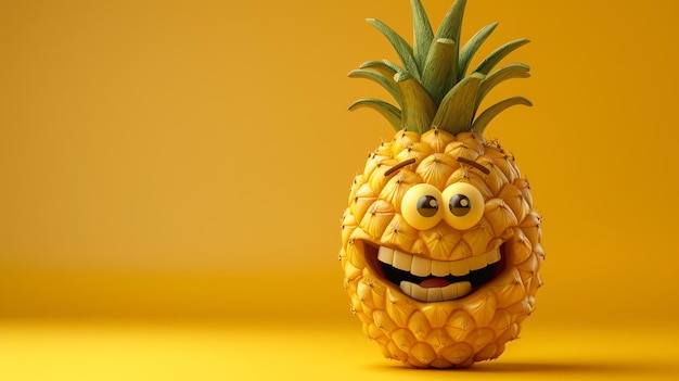 Photo a cartoon pineapple with a big smile and googly eyes stands on a yellow background