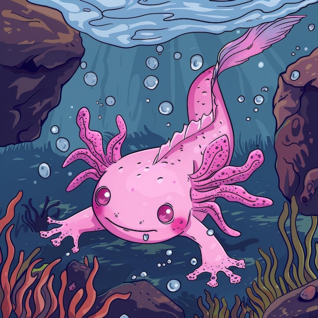 Photo cartoon pink axolotl with large eyes swimming in an underwater scene with rocks seaweed and bubbles