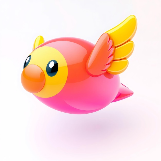 Cartoon pink bird with yellow wings flying in white background