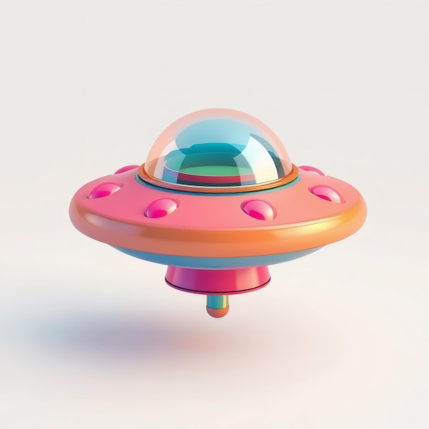 Cartoon pink blue and orange spaceship with a transparent dome on top