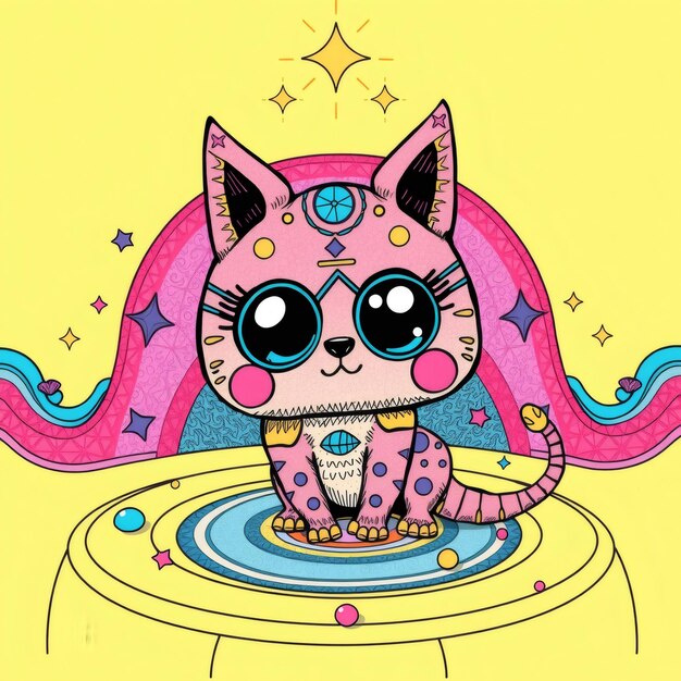 Photo cartoon pink cat in sunglasses with a rainbow and stars behind it standing on a blue