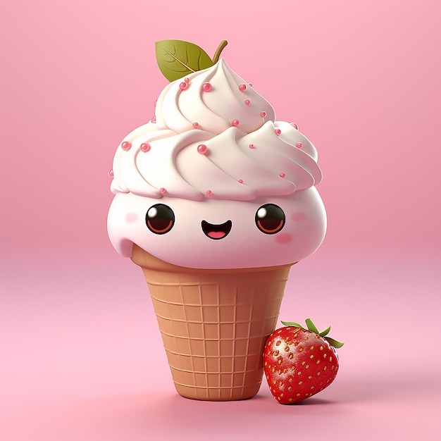 cartoon pink strawberry cute kawaii character fruit ice cream with smiling face on pink background