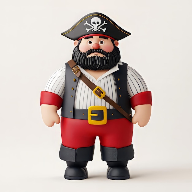 Photo cartoon pirate figure with a black beard red pants and skull hat standing with a confident pose