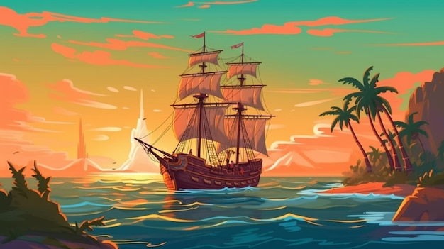 A cartoon pirate ship sailing in the ocean near a rocky island generative ai