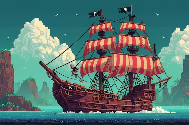 a cartoon of a pirate ship with a red and white striped cover