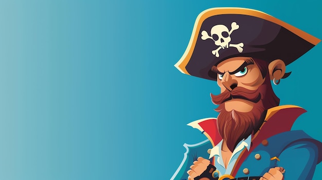 A cartoon pirate with a serious expression and a skull and crossbones on his hat looks out from the right side of the image