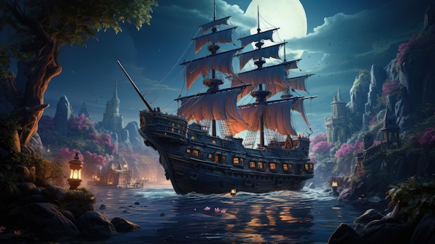 Cartoon pirates on a tropical island A animated seascape depicting a pirate ship traversing the hi