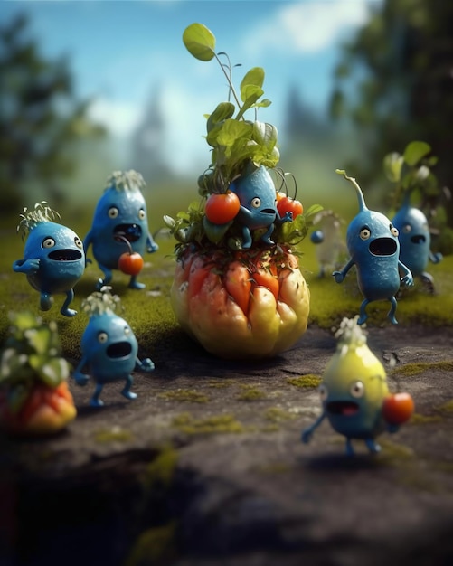 A cartoon of a plant with a bunch of little monsters on it