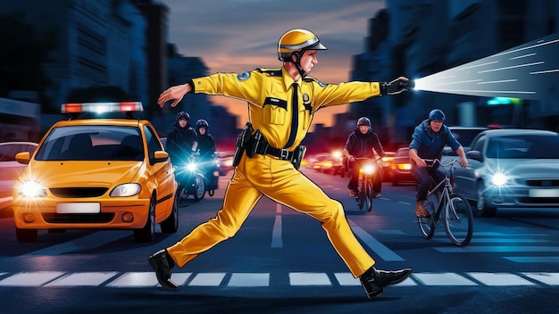 a cartoon of a police officer in a yellow uniform with the word  police  on the back