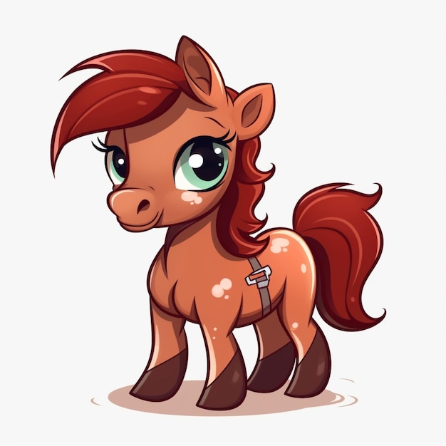 Cartoon pony with brown hair and green eyes standing in front of a white background generative ai