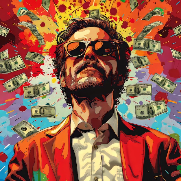 Cartoon portrait of a man with money on a colorful background