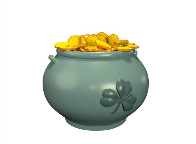 Photo cartoon pot with gold coins on a white background 3d rendering