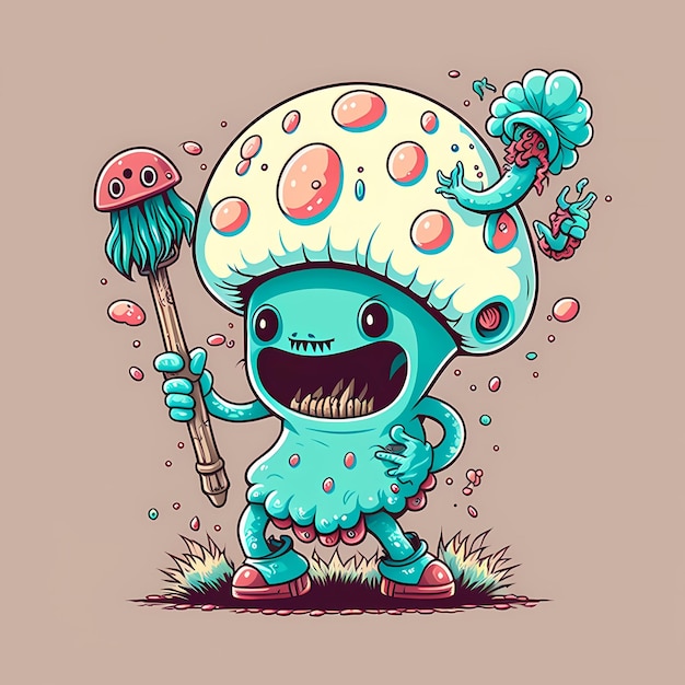 Cartoon psychedelic mushrooms Monster colorful illustrations