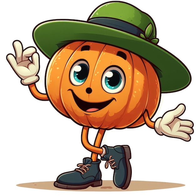 Photo a cartoon pumpkin wearing a green hat and white gloves