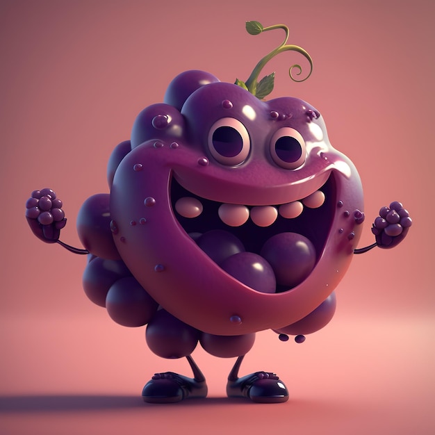 A cartoon of a purple berry with a big smile on his face.