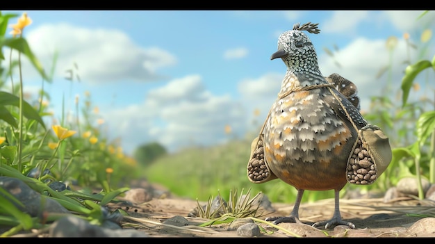 Photo a cartoon quail wearing a brown vest with white polka dots and two bags full of nuts stands on a dirt path in front of a meadow