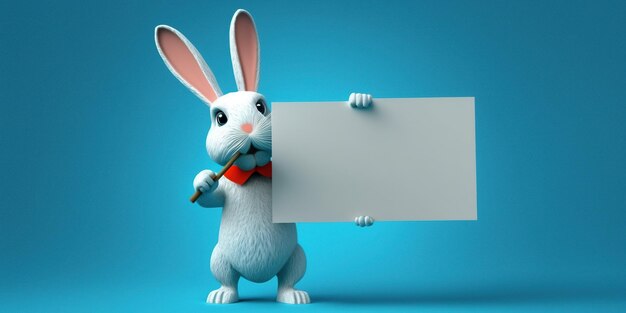 A cartoon rabbit holding a blank sign and pointing at it with a pointer in his hand ai generated