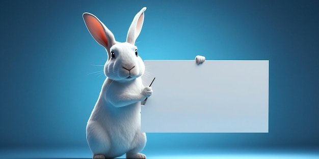 A cartoon rabbit holding a blank sign and pointing at it with a pointer in his hand ai generated