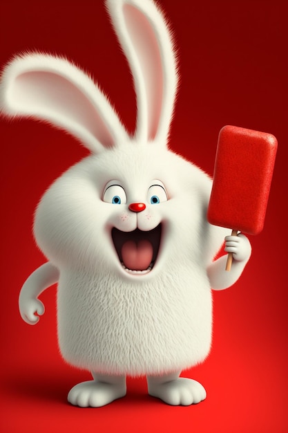 Cartoon rabbit holding a popsicle on a red background generative ai