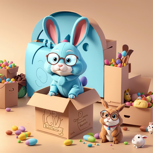 a cartoon rabbit is in a box with a bunny on it