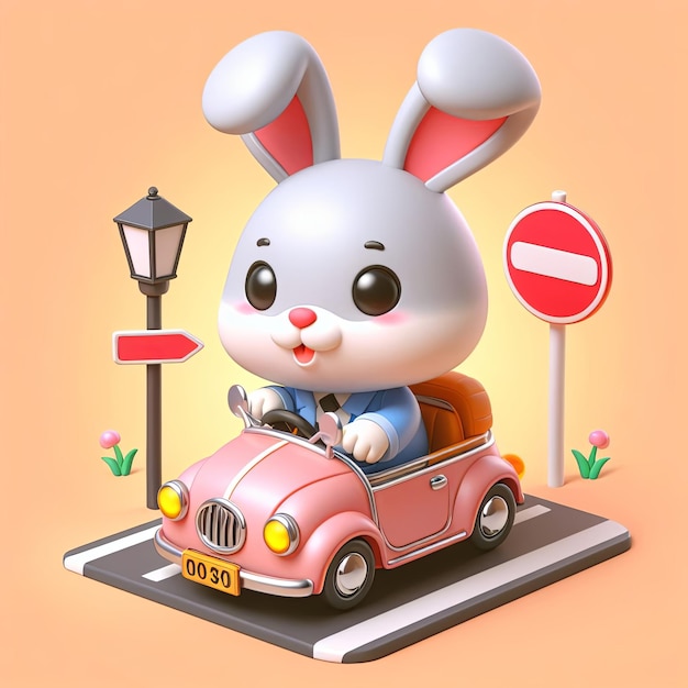 a cartoon rabbit is riding in a toy car with a sign that says rabbit on it