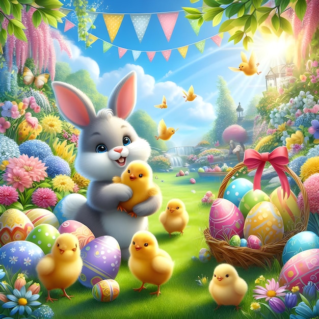 a cartoon rabbit is standing in front of a bunny with easter eggs