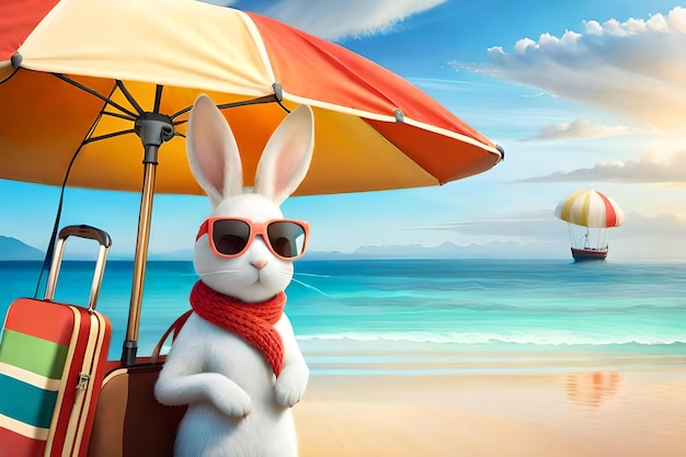 A cartoon rabbit is wearing sunglasses and a red scarf.