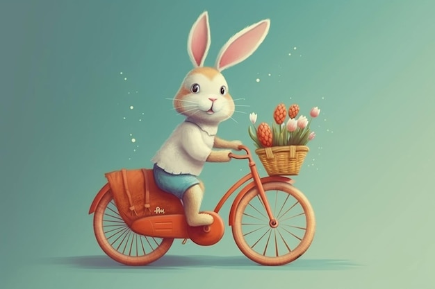 A cartoon rabbit riding a bicycle with a basket of tulips on it.