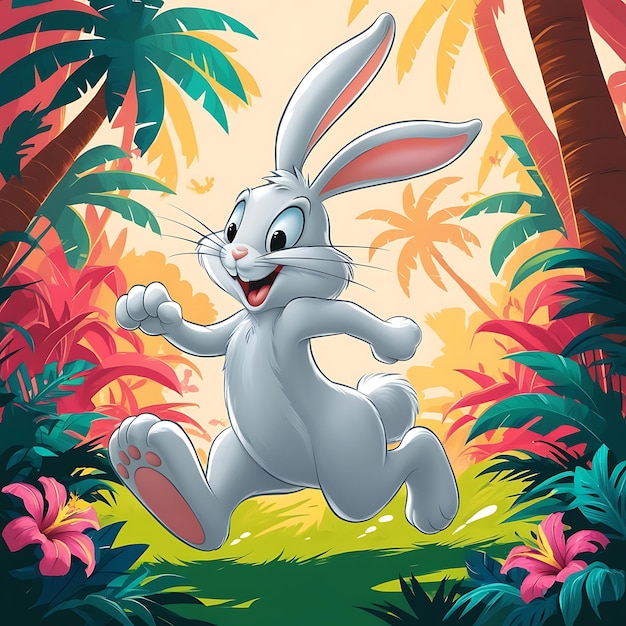 a cartoon rabbit running in the jungle with palm trees and plants