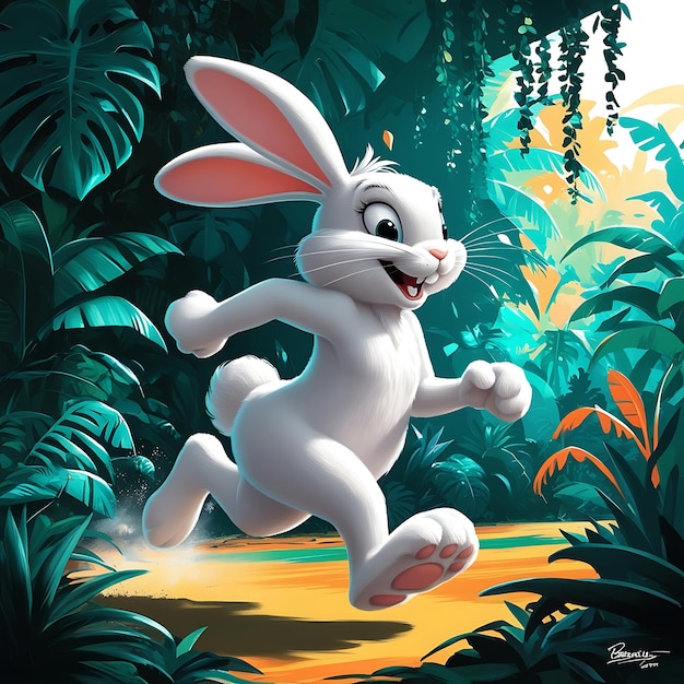 a cartoon rabbit running in the jungle with a picture of a rabbit