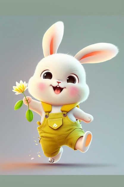 Cartoon rabbit running with a flower in its hand generative ai